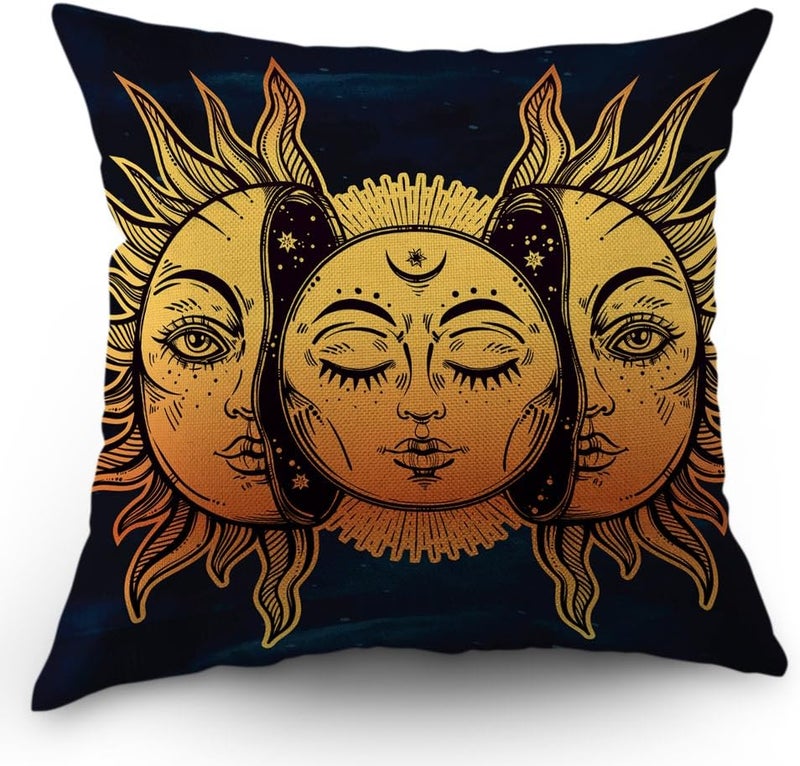 Moslion Sun Moon Pillow Cover Decorative Sun and Moon with Many Fractal Faces Celestial Energy Mystic Throw Pillow Case 18x18 Inch Cotton Linen Cushion Cover for Men Women Navy Blue Yellow - Image 1